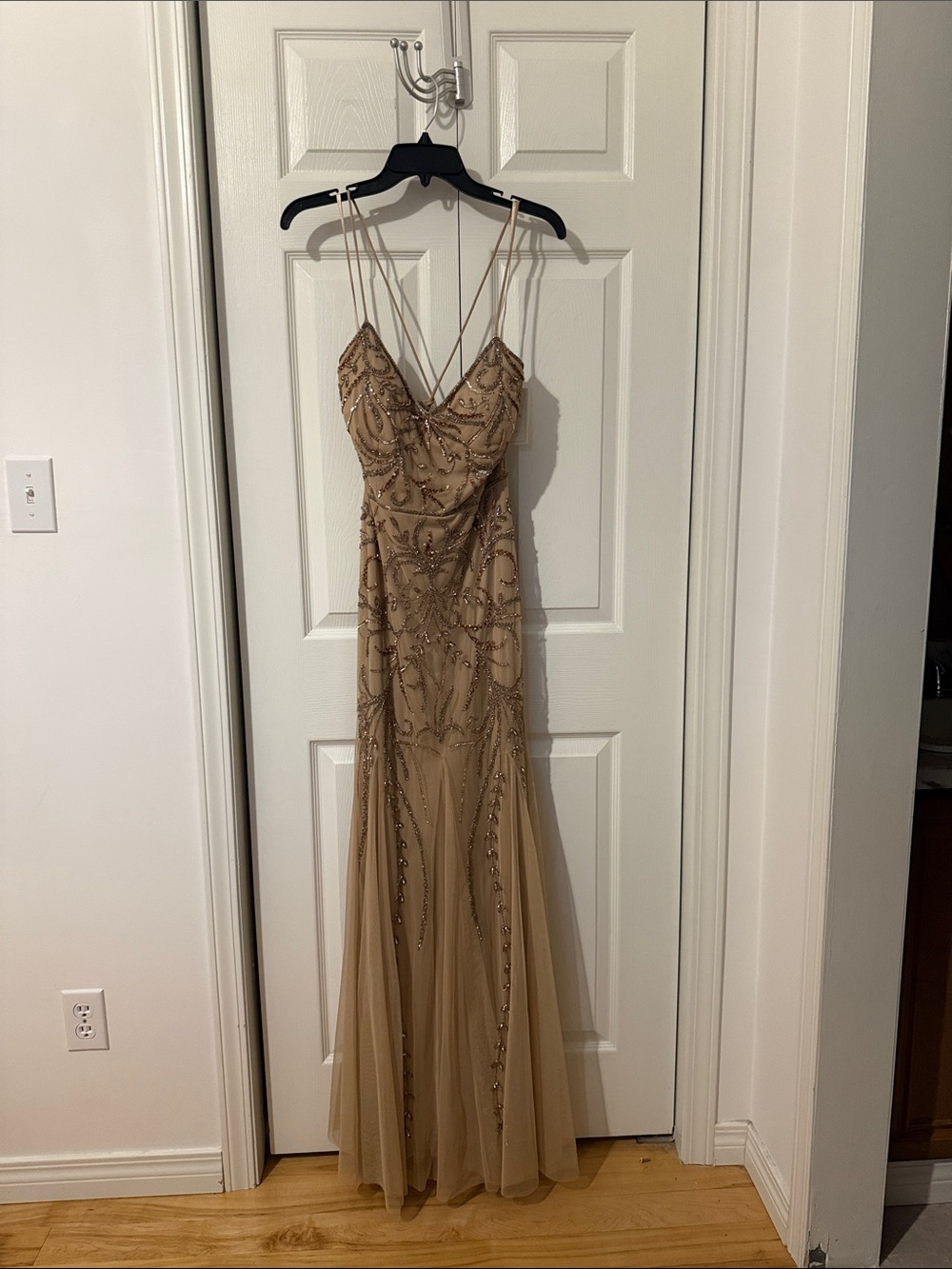 Adrianna Papell Champagne Beaded Tulle Bridesmaid / Prom Dress